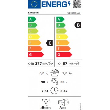 Samsung WD90T754ABH Πλυντήριο-Στεγνωτήριο Ρούχων 9kg/6kg 1400 Στροφές με Wi-Fi